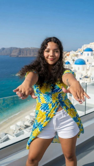 Woman in floral top and white shorts posing on balcony overlooking coastal town.