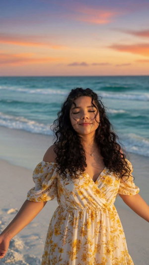 Woman in yellow floral dress standing on beach at sunset, eyes closed, arms outstretched.