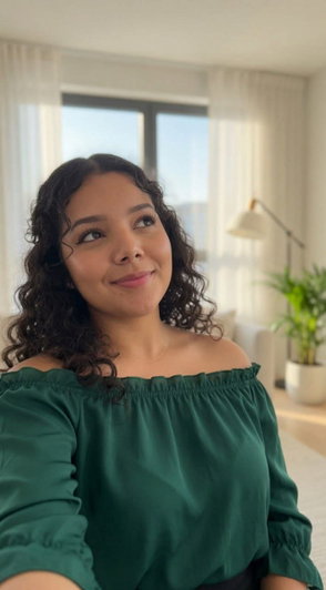 Woman with curly hair in green off-shoulder top, smiling indoors near window.