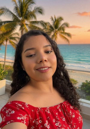 Woman with curly hair in red floral off-shoulder top, beach background with palm trees.