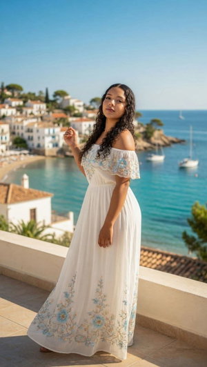 Woman in white floral dress standing on balcony overlooking coastal town and sea.