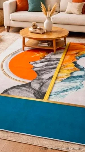Living room with colorful abstract rug, wooden coffee table, and beige sofa with throw pillows.