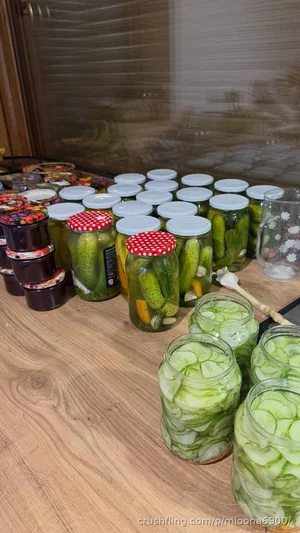 Jars of pickled cucumbers and other preserves on a wooden table.