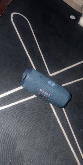 Blue JBL speaker on dark carpeted floor.