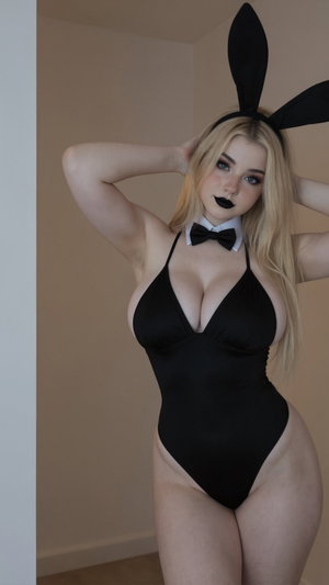 Blonde woman in black bunny costume posing indoors.