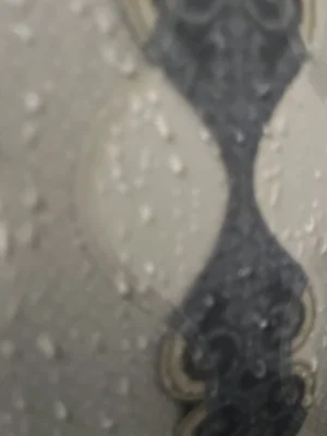 Blurry close-up of patterned fabric with water droplets, possibly a shower curtain.