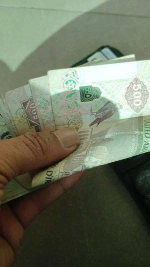 Hand holding a stack of UAE 500 dirham banknotes indoors.