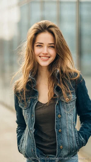 Woman with long brown hair wearing denim jacket and dark top, standing outdoors.