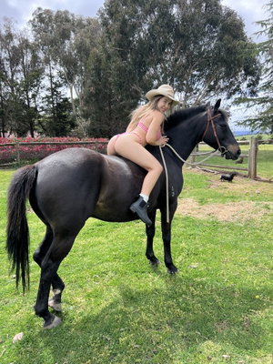 Woman in pink bikini and cowboy hat riding a black horse in a grassy field.