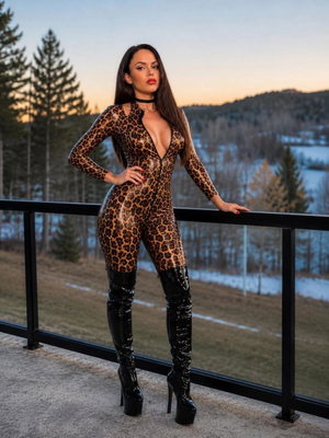 Woman in leopard print bodysuit and black thigh-high boots posing on balcony at dusk.