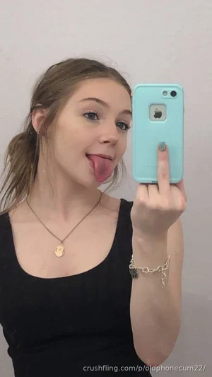 Woman with light brown hair in a ponytail, wearing black top, taking mirror selfie with phone.