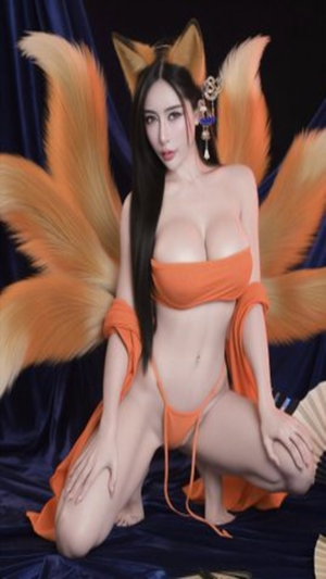 Woman in orange fox costume kneeling on blue fabric.