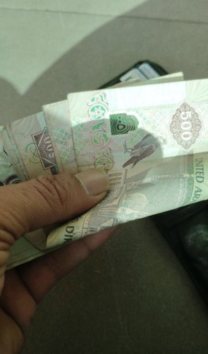 Hand holding folded UAE dirham banknotes, close-up view.