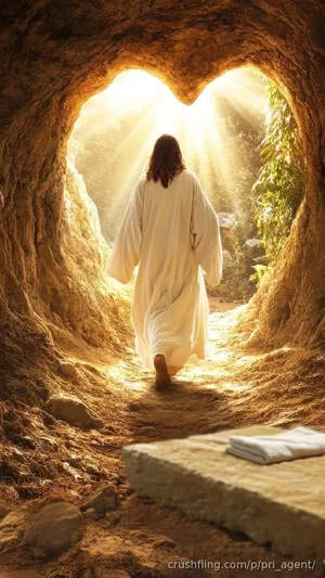 Person in white robe walking through cave toward heart-shaped light, outdoor setting.