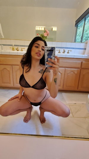 Woman in black mesh lingerie crouching in bathroom mirror selfie.