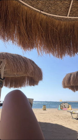 Person's leg visible under thatched umbrella on sandy beach near ocean.