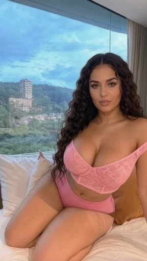 Woman with curly hair in pink lace lingerie sitting on bed with city view behind.