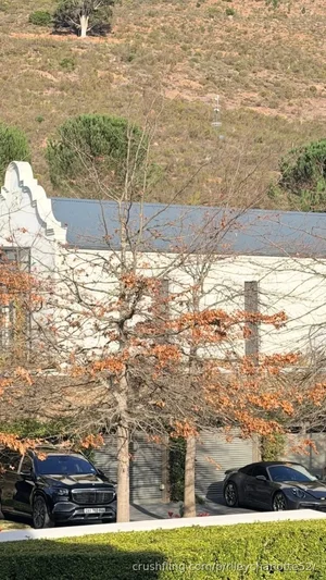 Two luxury cars parked in front of a modern house with trees and hills in the background.