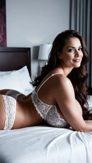 Woman in white lace lingerie lying on bed, indoor bedroom setting.