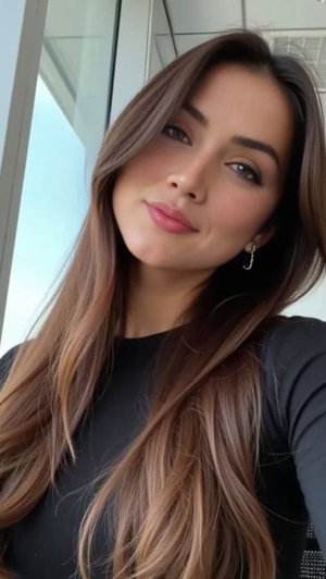 Woman with long brown hair wearing black top, indoors near window.