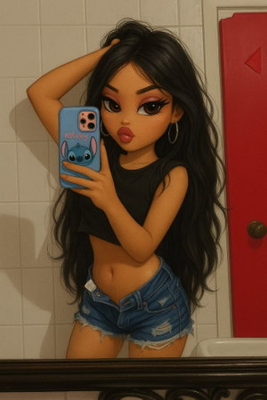 Asian woman in crop top and denim shorts in bathroom mirror selfie.