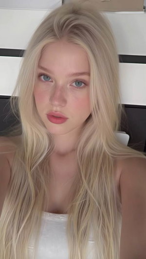 Blonde woman with blue eyes in white top, indoors, facing camera.