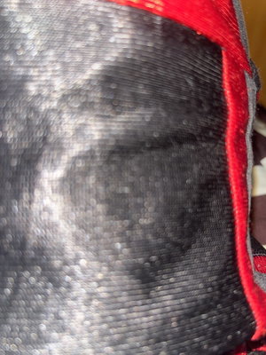 Close-up of black sequined fabric with red trim.