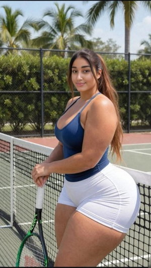 Woman in blue top and white shorts posing with tennis racket on court.