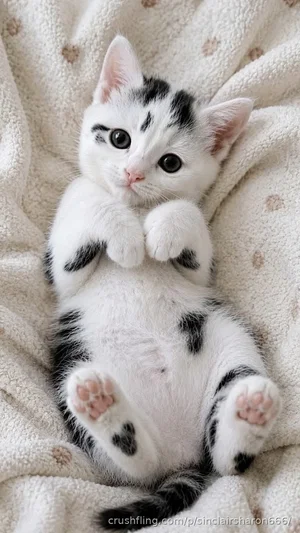 White and black kitten lying on back on soft blanket, paws up.