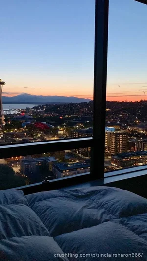 Cityscape at dusk viewed from a bedroom window with pillows in foreground.