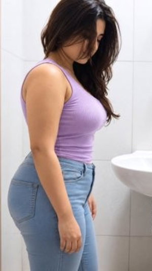 Woman in purple tank top and jeans standing in bathroom, side profile.