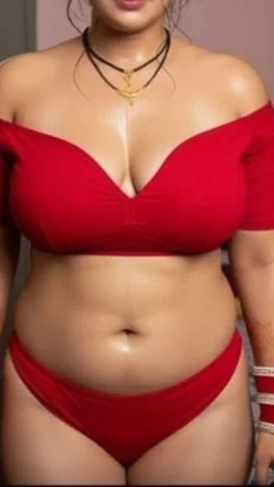 Woman in red off-shoulder top and matching bottoms, standing indoors.