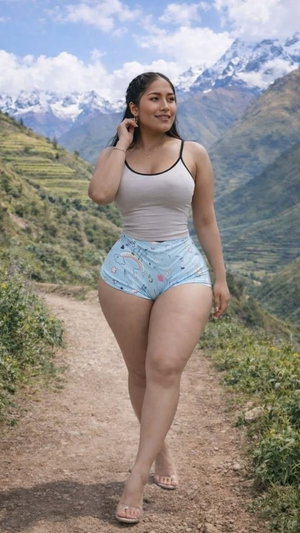 Woman in light tank top and patterned shorts standing on dirt path with mountains behind.