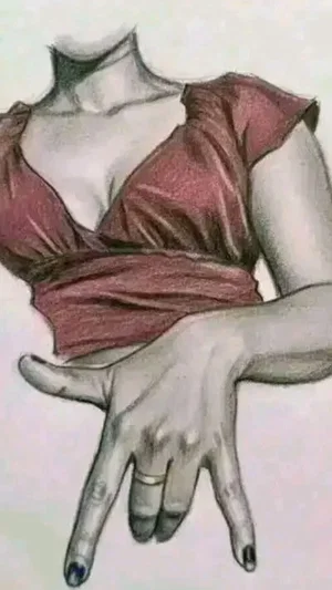 Sketch of a woman in a red top with hand covering lower body, indoor setting.