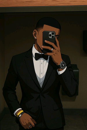 Fit man in tuxedo taking selfie in bathroom.