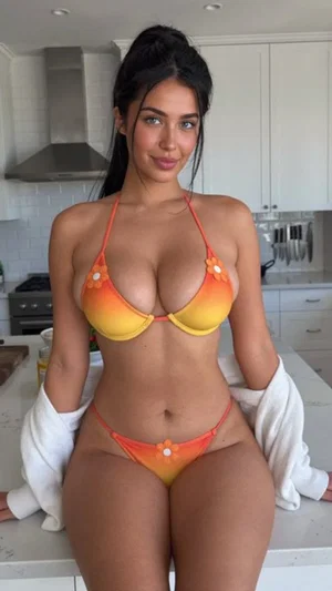 Woman in orange-yellow bikini posing in kitchen, leaning on counter.