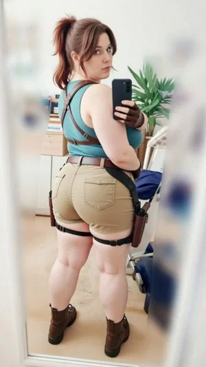 Woman in teal tank top and beige shorts with harness, taking mirror selfie indoors.