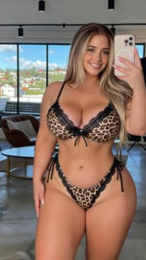 Woman in leopard print lingerie taking mirror selfie in modern indoor space.