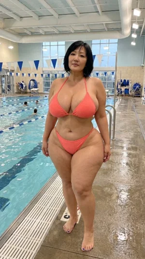 Woman in orange bikini standing by indoor pool, curvy body type, short black hair.