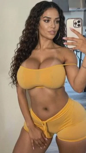 Woman with curly hair in yellow lingerie posing indoors.
