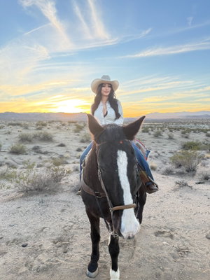 Woman in cowboy hat and white shirt riding horse in desert at sunset.
