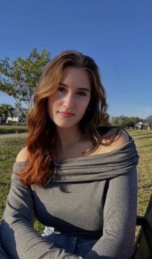 Woman with wavy brown hair in off-shoulder top, sitting outdoors on grass under blue sky.