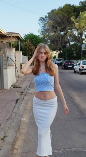 Woman with blonde hair in blue crop top and white skirt walking on street.