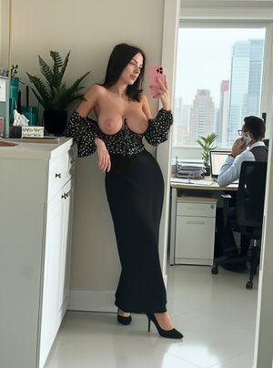 Curvy brunette in black outfit taking selfie in office.