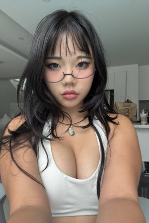 Woman with black hair and glasses wears white crop top, indoors.