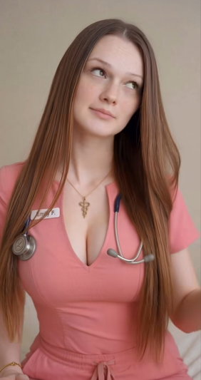 Woman with long brown hair in pink scrubs with stethoscope, indoor setting.